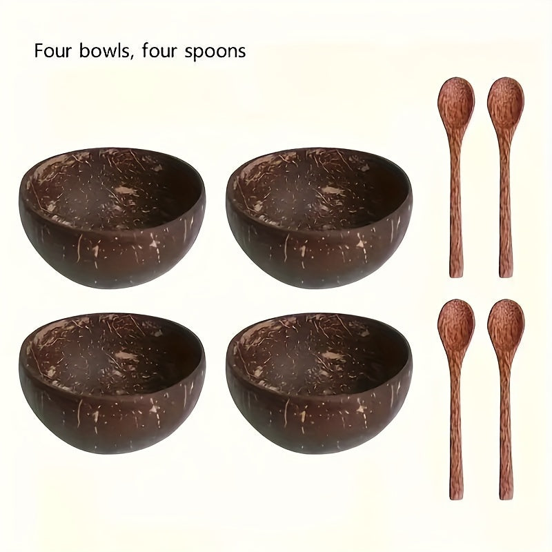 1 set of 4, two coconut bowls and two wooden spoons, coconut bowl and wooden spoon set, healthy vegetarian salad bowl set, ice cream bowl, natural coconut bowl