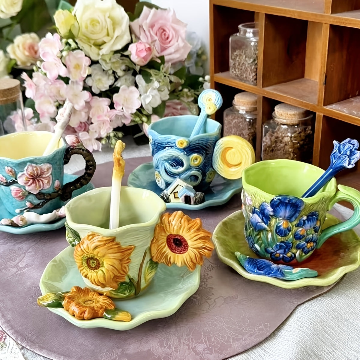 1 SET Hand-Painted Ceramic Van Gogh Oil Painting Cup and Saucer Set - 3D Sunflowers, Irises, and Starry Sky Design, Includes 1pc Round Saucer and 1pc Spoon, Elegant Tabletop Decor, Ideal for Christmas, Valentine'S Day, Mother'S Day Gifts, 180ml/6oz Capaci