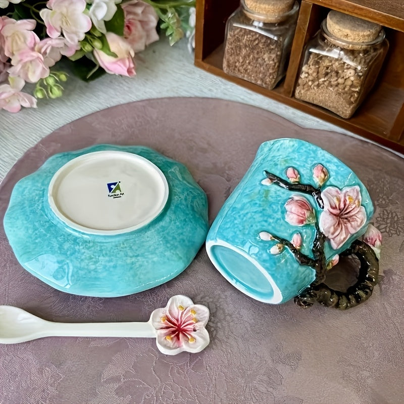 1 SET Hand-Painted Ceramic Van Gogh Oil Painting Cup and Saucer Set - 3D Sunflowers, Irises, and Starry Sky Design, Includes 1pc Round Saucer and 1pc Spoon, Elegant Tabletop Decor, Ideal for Christmas, Valentine'S Day, Mother'S Day Gifts, 180ml/6oz Capaci