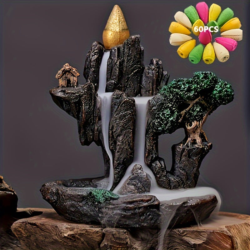 60 Mixed Scent Cones Resin Backflow Incense Burner Waterfall, Indoor Smoke Cascade Censer for Meditation and Relaxation, Home, Office, and Work Use