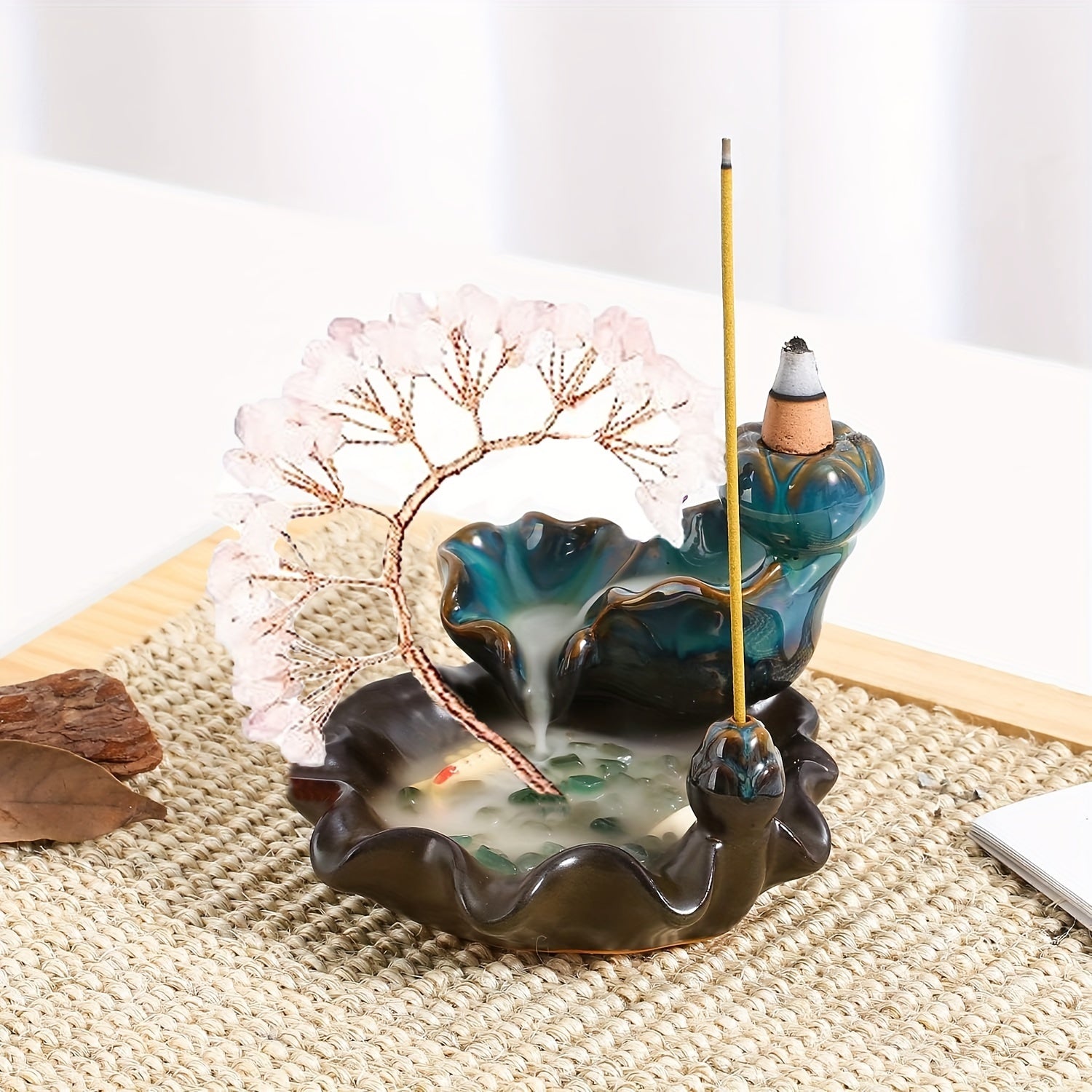 A Ceramic Incense Burner with 7 Flowing Water Crystal Money Trees, Suitable for Yoga Meditation And Home Decoration.
