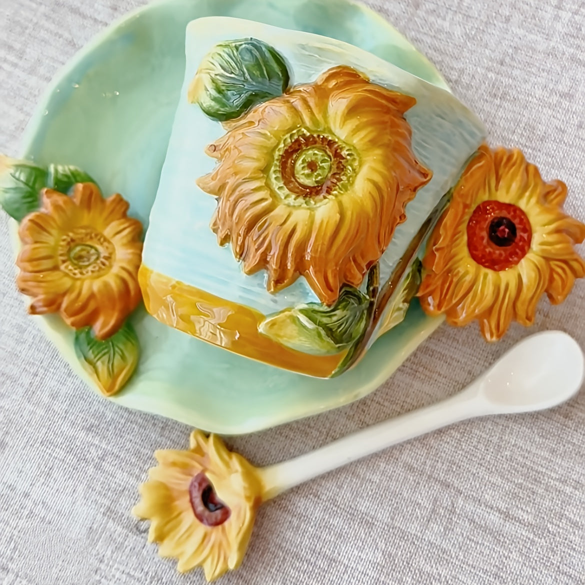 1 SET Hand-Painted Ceramic Van Gogh Oil Painting Cup and Saucer Set - 3D Sunflowers, Irises, and Starry Sky Design, Includes 1pc Round Saucer and 1pc Spoon, Elegant Tabletop Decor, Ideal for Christmas, Valentine'S Day, Mother'S Day Gifts, 180ml/6oz Capaci