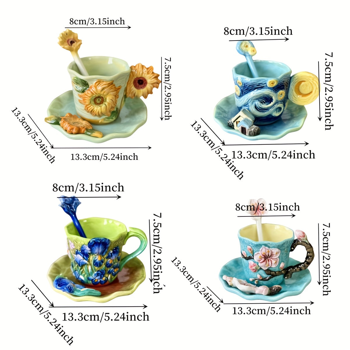 1 SET Hand-Painted Ceramic Van Gogh Oil Painting Cup and Saucer Set - 3D Sunflowers, Irises, and Starry Sky Design, Includes 1pc Round Saucer and 1pc Spoon, Elegant Tabletop Decor, Ideal for Christmas, Valentine'S Day, Mother'S Day Gifts, 180ml/6oz Capaci