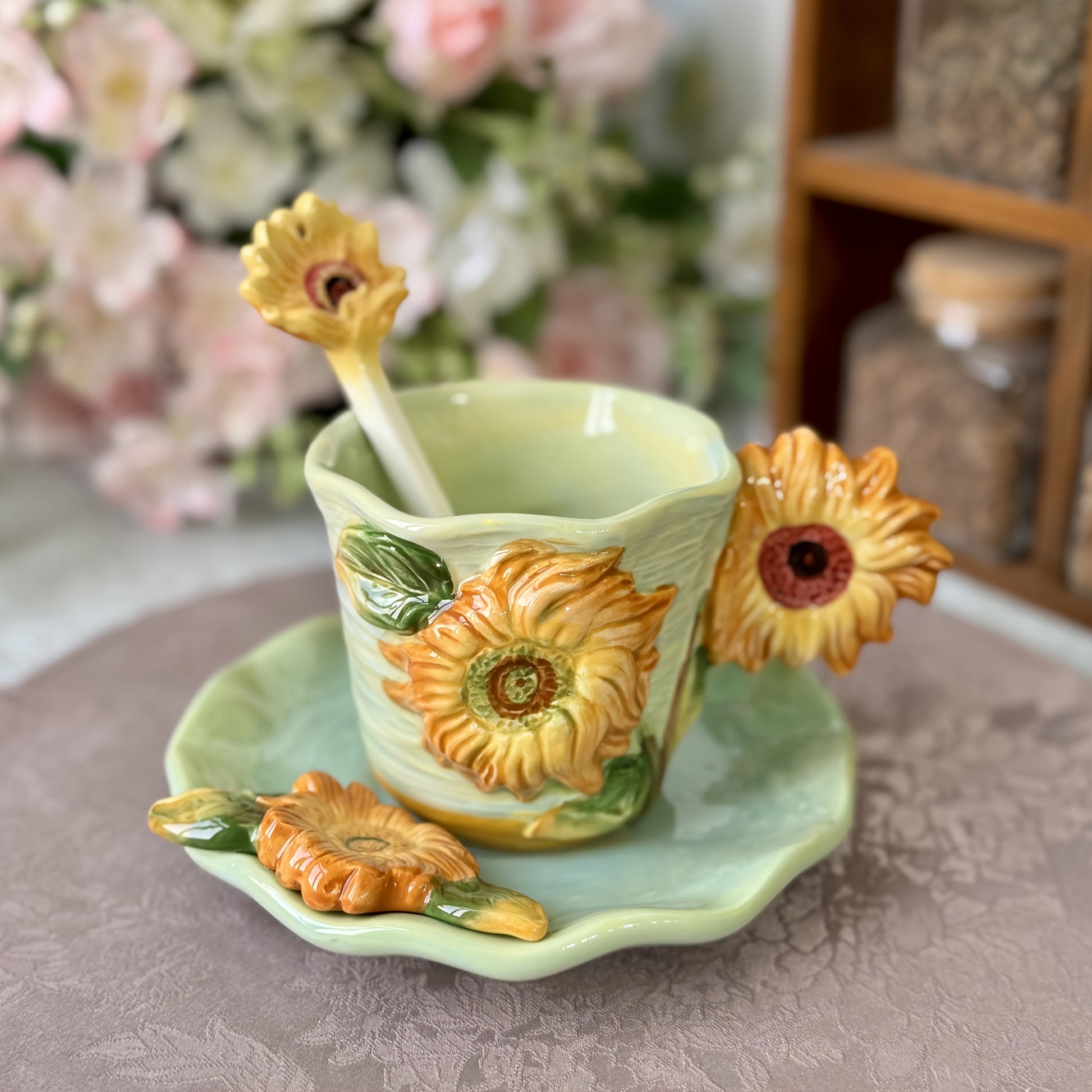 1 SET Hand-Painted Ceramic Van Gogh Oil Painting Cup and Saucer Set - 3D Sunflowers, Irises, and Starry Sky Design, Includes 1pc Round Saucer and 1pc Spoon, Elegant Tabletop Decor, Ideal for Christmas, Valentine'S Day, Mother'S Day Gifts, 180ml/6oz Capaci