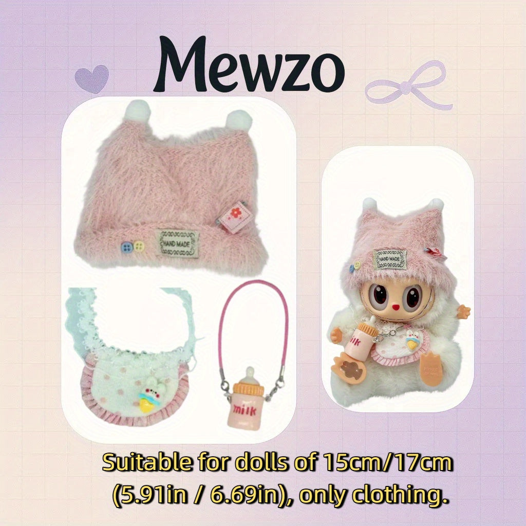 Adorable Outfit Set Suitable for 6.69-inch LabubuDoll, Pink and White Cream Style with Cat Ear Hat + Bib + Bottle Charm Combo (Doll and Shoes Not Included)