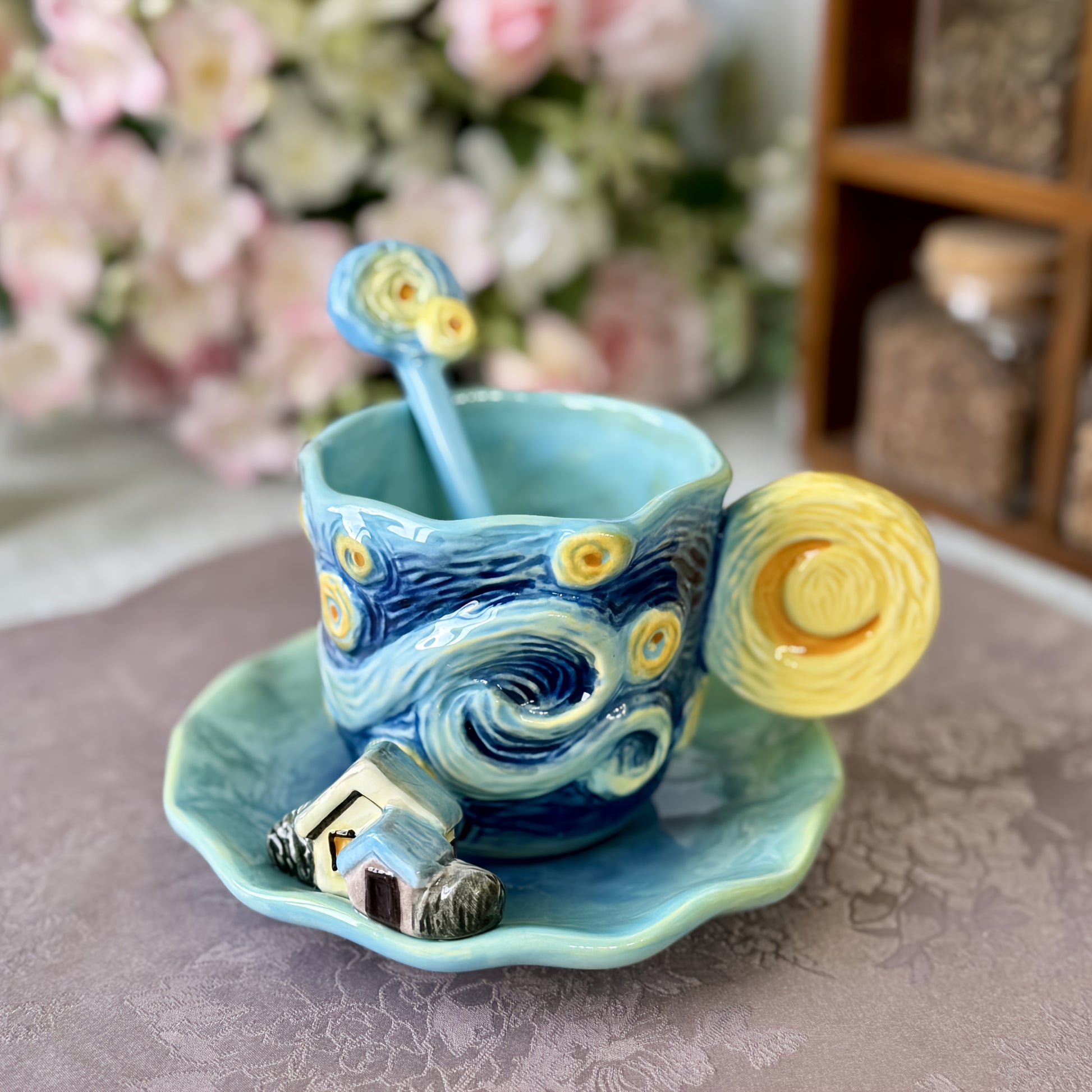 1 SET Hand-Painted Ceramic Van Gogh Oil Painting Cup and Saucer Set - 3D Sunflowers, Irises, and Starry Sky Design, Includes 1pc Round Saucer and 1pc Spoon, Elegant Tabletop Decor, Ideal for Christmas, Valentine'S Day, Mother'S Day Gifts, 180ml/6oz Capaci
