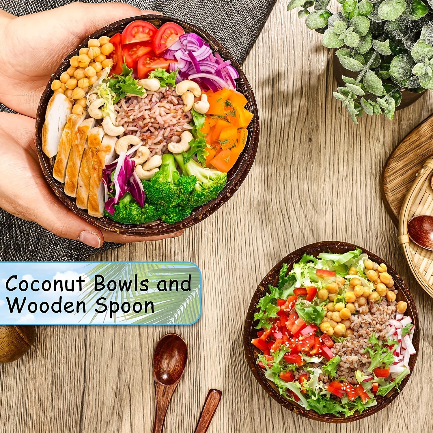 1 set of 4, two coconut bowls and two wooden spoons, coconut bowl and wooden spoon set, healthy vegetarian salad bowl set, ice cream bowl, natural coconut bowl
