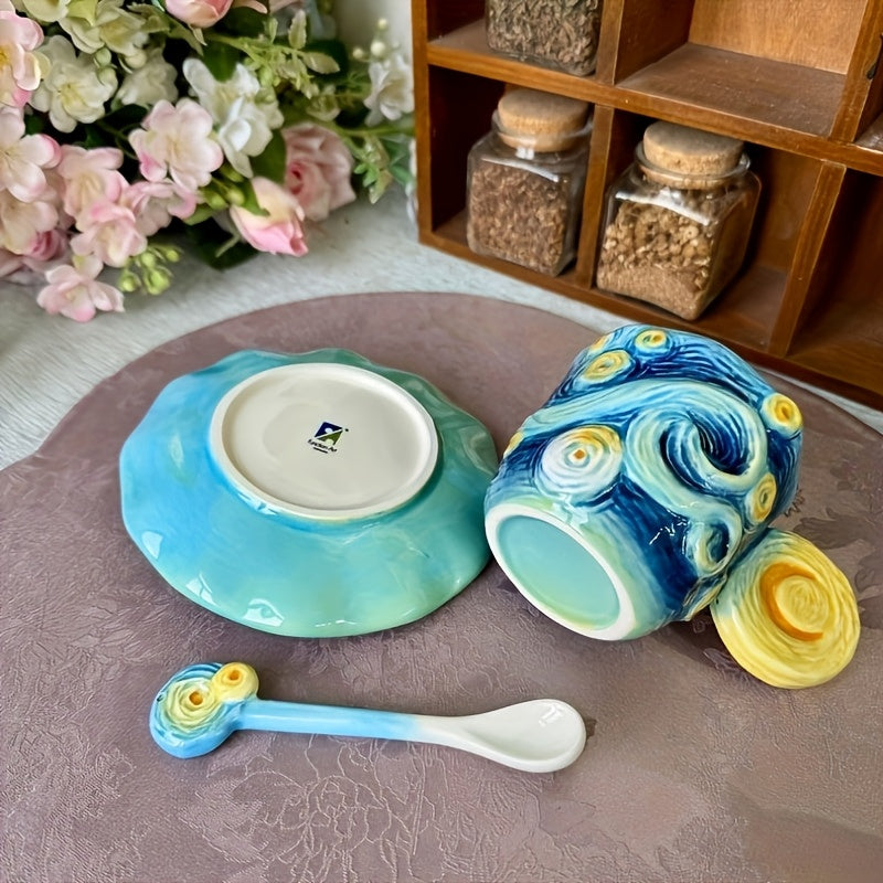 1 SET Hand-Painted Ceramic Van Gogh Oil Painting Cup and Saucer Set - 3D Sunflowers, Irises, and Starry Sky Design, Includes 1pc Round Saucer and 1pc Spoon, Elegant Tabletop Decor, Ideal for Christmas, Valentine'S Day, Mother'S Day Gifts, 180ml/6oz Capaci