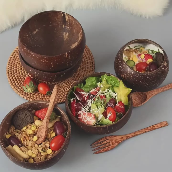1 set of 4, two coconut bowls and two wooden spoons, coconut bowl and wooden spoon set, healthy vegetarian salad bowl set, ice cream bowl, natural coconut bowl