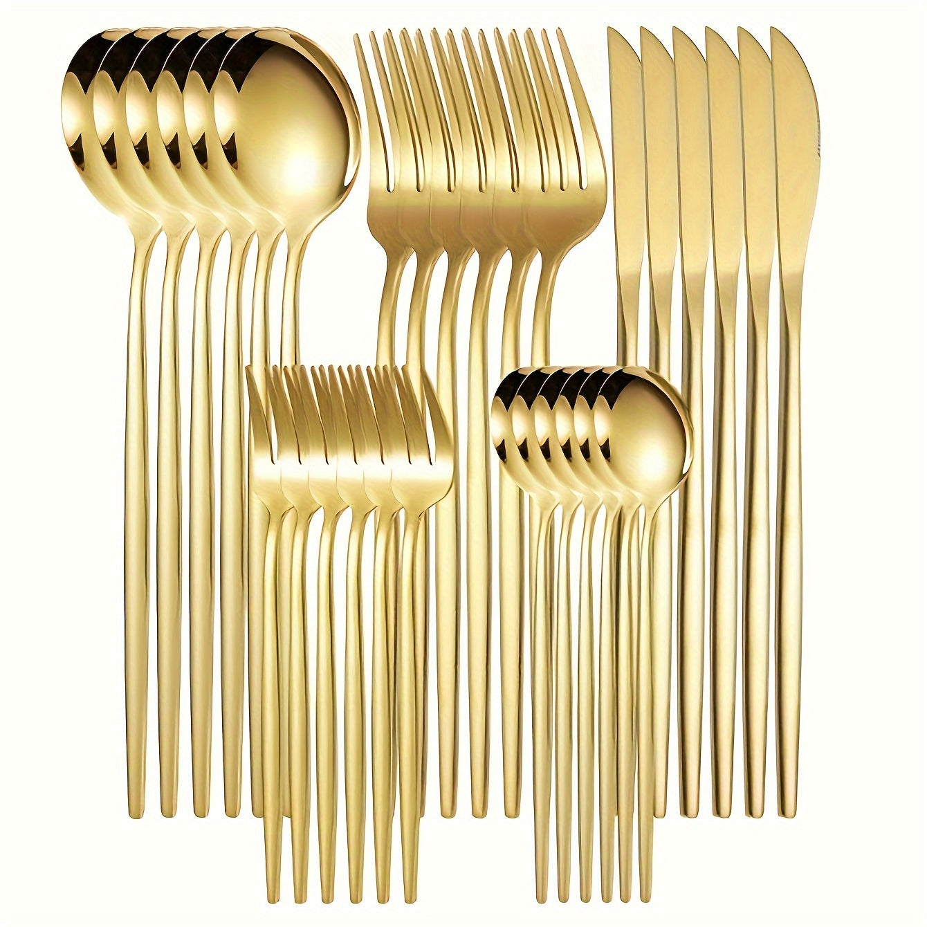 Elegant 30pcs Golden Stainless Steel Cutlery Set - Includes Knives, Forks, Spoons & Dessert Spoons - Dishwasher Safe for Home, Kitchen, Restaurants, Hotels, Parties, Thanksgiving, Easter, Christmas & Weddings, High-grade, Utensil Set
