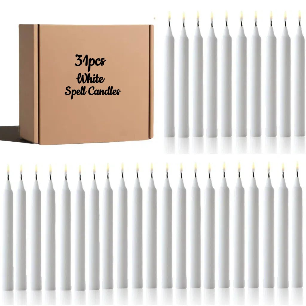 Set of 31 White Spell& Chime - Premium Mini Taper Candles for Rituals, Prayer, Birthdays, Meditation, Altar- 10.16 cm Tall, Unscented(White)