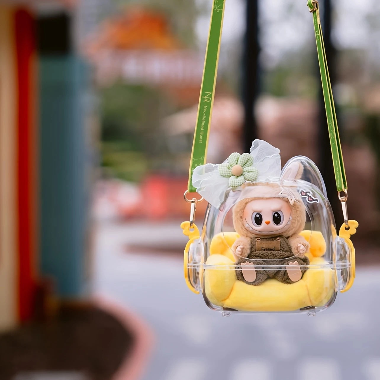 2025 Crystal Clear Acrylic Display Case with Adjustable Strap - Labubu/Crybaby/Skullgirl Anime Figure Showcase, Large Transparent Storage with Detachable Door & Playful Character Design for Collectors, Summer Eye-Catching Glowing Acrylic Carrier, Anime Ac