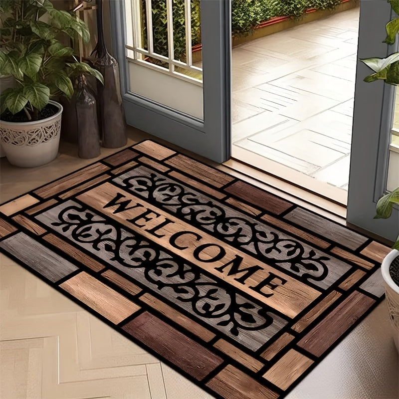 1pc Rustic Welcome Doormat - Durable, Anti-Slip Polyester with PVC Backing, Stylish Brown Pattern for Home Entrance & Decor, Welcome Mat for Front Door