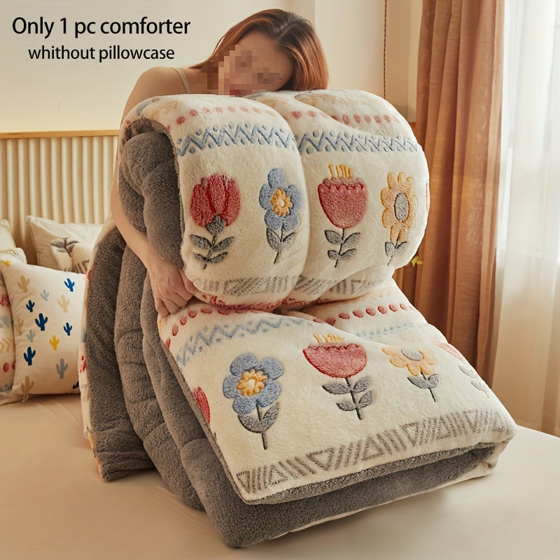 Cozy Boho Floral Snowflake Velvet Comforter - Soft, Light Beige-Friendly & Quilted for All Seasons - Machine Washable, Fade-Resistant Thick Bedding for Bedroom & Guest Room, Christmas present
