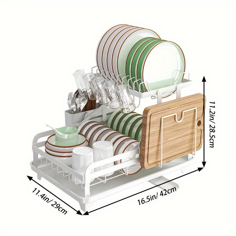 1pc Dish Drying Rack Drainboard, Large 2 Tier Metal Dish Racks with Drainage, Glass Holder, Utensil Holder and Extra Drying Mat, Dish Drainers for Kitchen Counter, Black, White& Grey