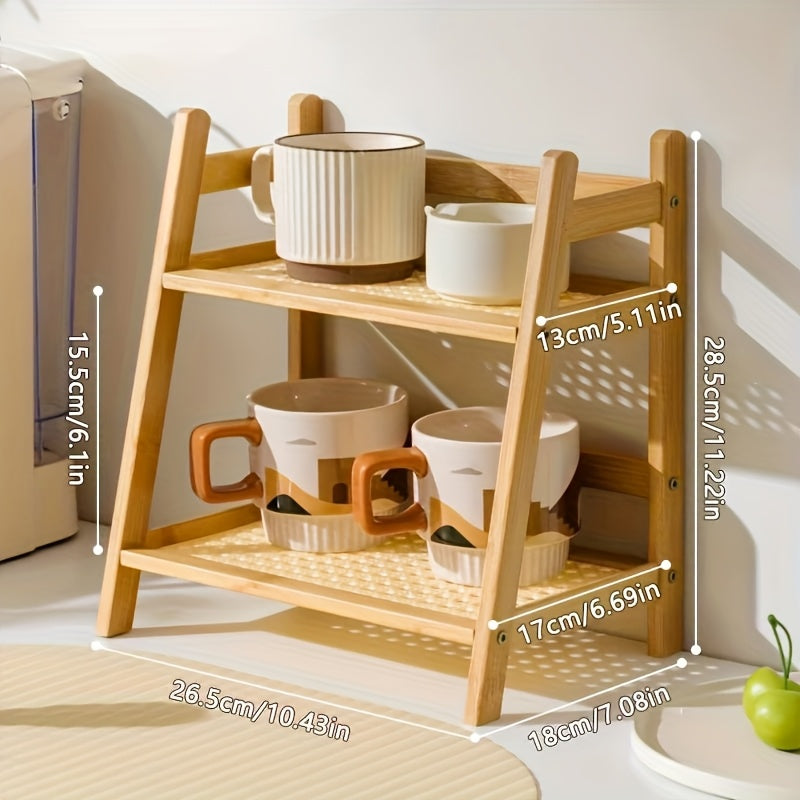 Double layer wooden cup storage rack, 26cm/10 inch artificial rattan mug organizer, suitable for kitchen and living room, compact desktop rack, can hold mugs, cups and small items, durable wooden material, space saving design, vertical rack, Standing Shel