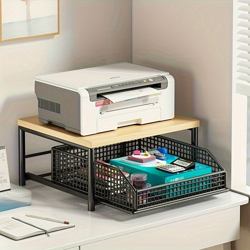 1pc Kitchen Microwave Rack, Floor-standing Organizer, Fixed Shelf, 2 Colors Available, Hardwood & Metal Structure, with Drawer, Modern Design, Durable, Standing Shelf