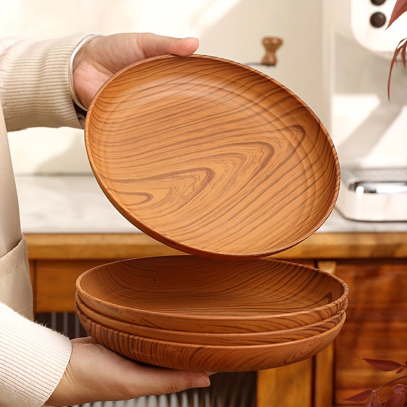 5pcs,10pcs,Wood Grain Color Dinner Plates, Thickened Plastic Dinner Plates, Salad Plate Bread Sandwich Plate, Breakfast Tray, Home Restaurant Dinner Plate Set, Main Course Noodle Pasta Rice Plate, Serving Tray, Party and Outdoor Camping Tray