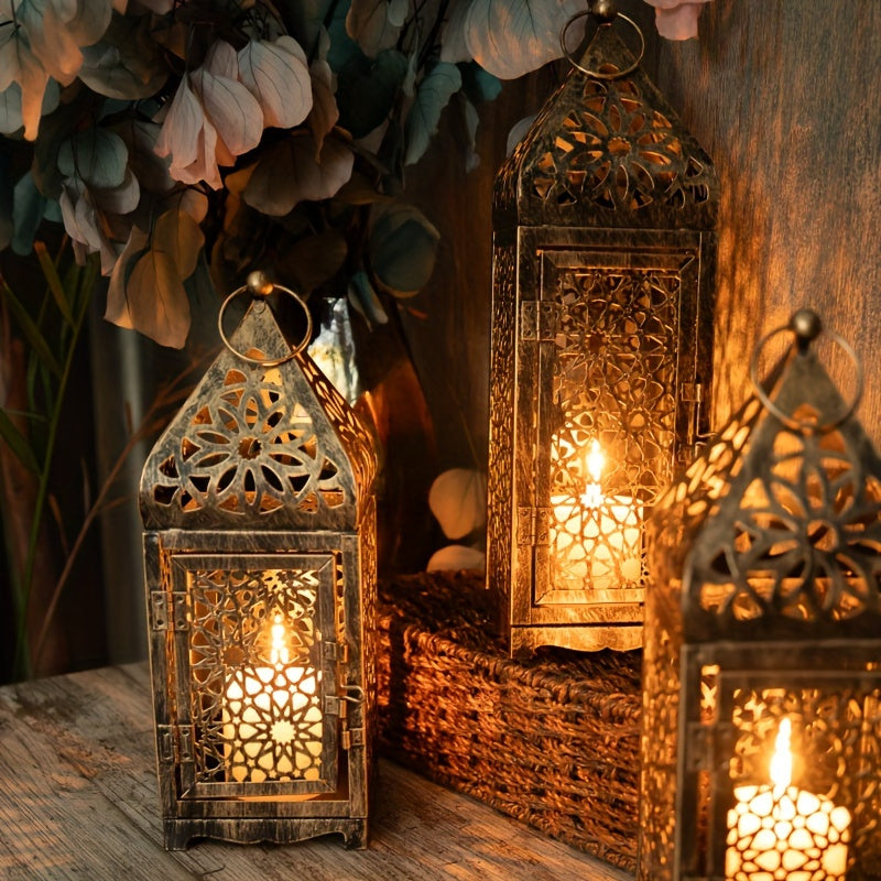 2-Pack Iron Metal Moroccan Style Lanterns, Hollow-Out Projection Art Candle Holders for Festive Tabletop Decor, Halloween, Valentine's, Thanksgiving, Christmas, Home & Kitchen