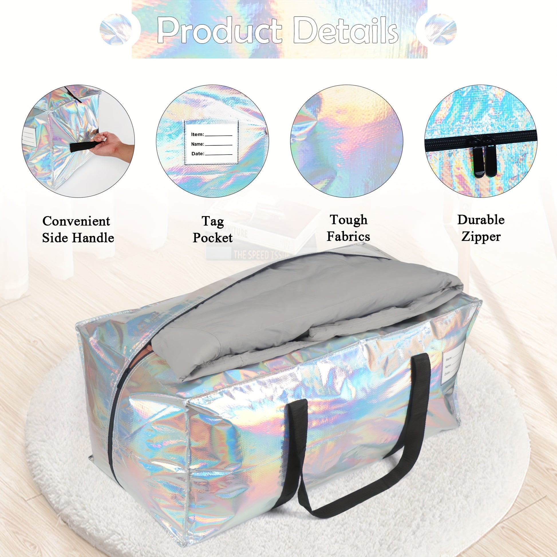 4pcs Large Moving Bags, Silvery Thick Storage Bags, with Side Handles and Label Bags, Reusable Storage Tote Bags, Save Space, Suitable for Moving, Long-term Storage of Clothe
