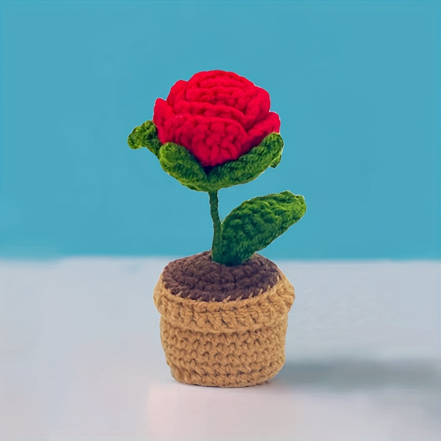 Handmade Crochet Polyester Sunflower Rose Tulip Puff Carnation Miniature Bonsai Car Parts for Living Room Tabletop Decor, No Electricity Needed, Perfect for Christmas, Thanksgiving, Valentine's, Mother'S Day, Graduation Gifts
