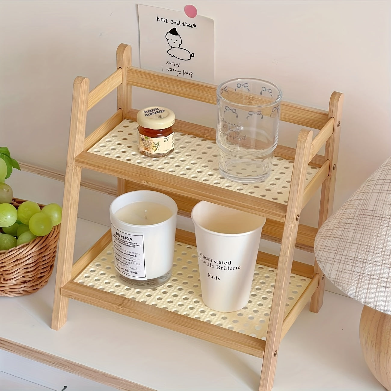 Double layer wooden cup storage rack, 26cm/10 inch artificial rattan mug organizer, suitable for kitchen and living room, compact desktop rack, can hold mugs, cups and small items, durable wooden material, space saving design, vertical rack, Standing Shel