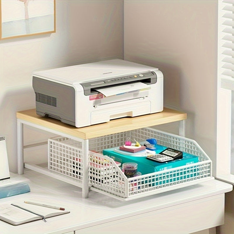 1pc Kitchen Microwave Rack, Floor-standing Organizer, Fixed Shelf, 2 Colors Available, Hardwood & Metal Structure, with Drawer, Modern Design, Durable, Standing Shelf