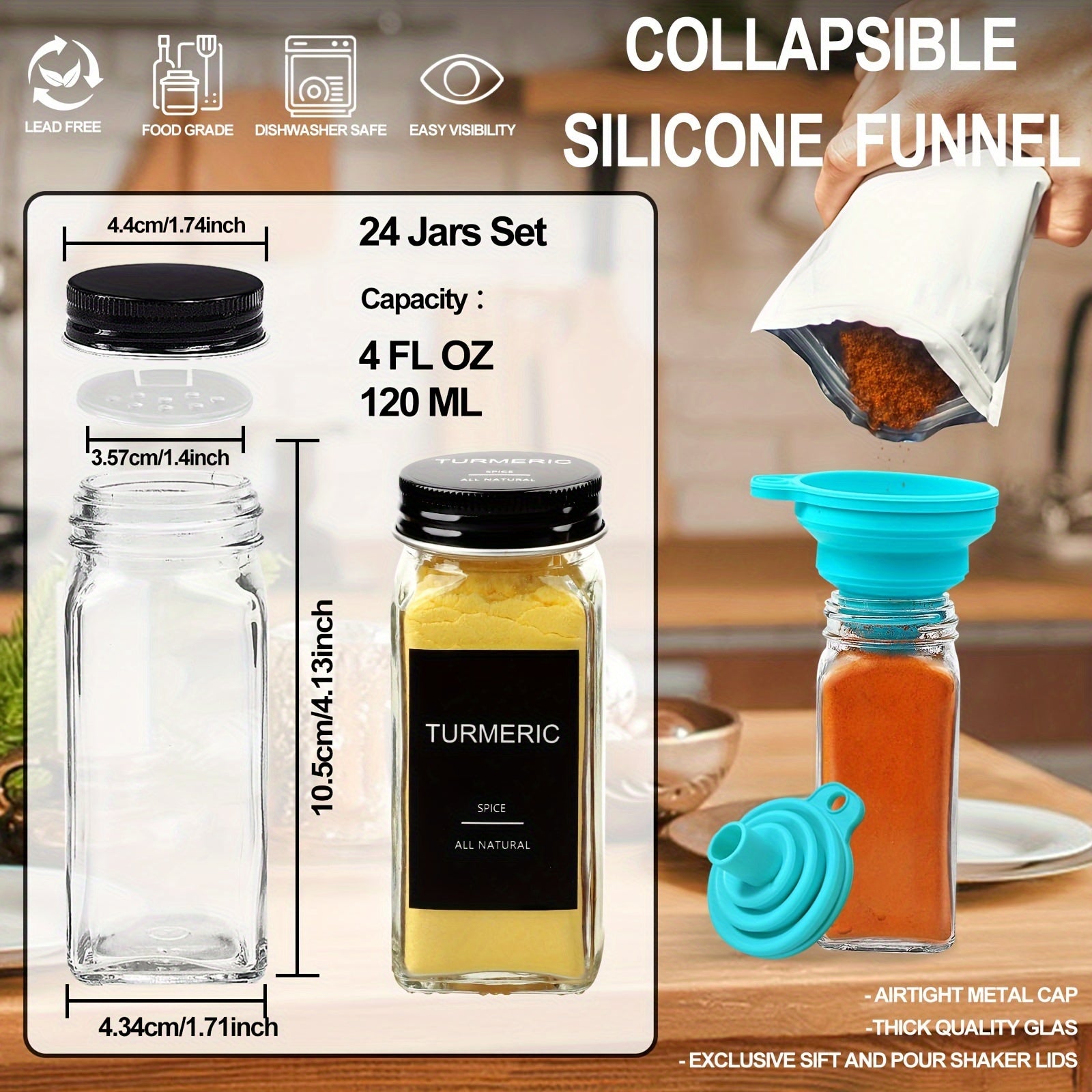24pcs 4oz Glass Spice Jars With Metal Lids, Labels, Adjustable Measuring Spoon, Cleaning Brush & Collapsible Silicone Funnel, For Kitchen And Seasoning