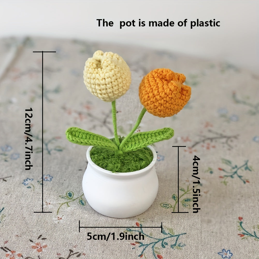 1pc Hand-Knitted Miniature Potted Flower Decor - Vibrant Multicolor Fabric Artificial Floral Arrangement, No Fade No Pill, Cute Table Centerpiece for Home Office Desk, Graduation Party, Festive Gift (No Vase Included)