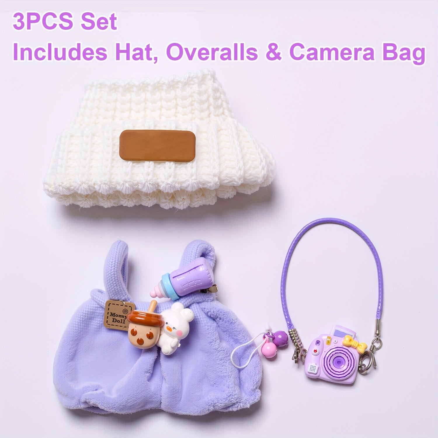 [Cute Crochet Outfit] 3pcs Crochet Outfit for Labubu | Doll Clothes Set with Hat, Overalls & Mini Camera Bag, Cute Handmade Accessories - Doll Not Included