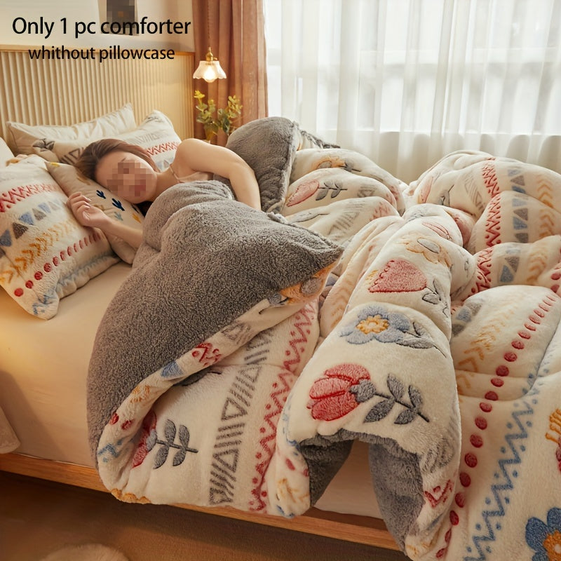 Cozy Boho Floral Snowflake Velvet Comforter - Soft, Light Beige-Friendly & Quilted for All Seasons - Machine Washable, Fade-Resistant Thick Bedding for Bedroom & Guest Room, Christmas present