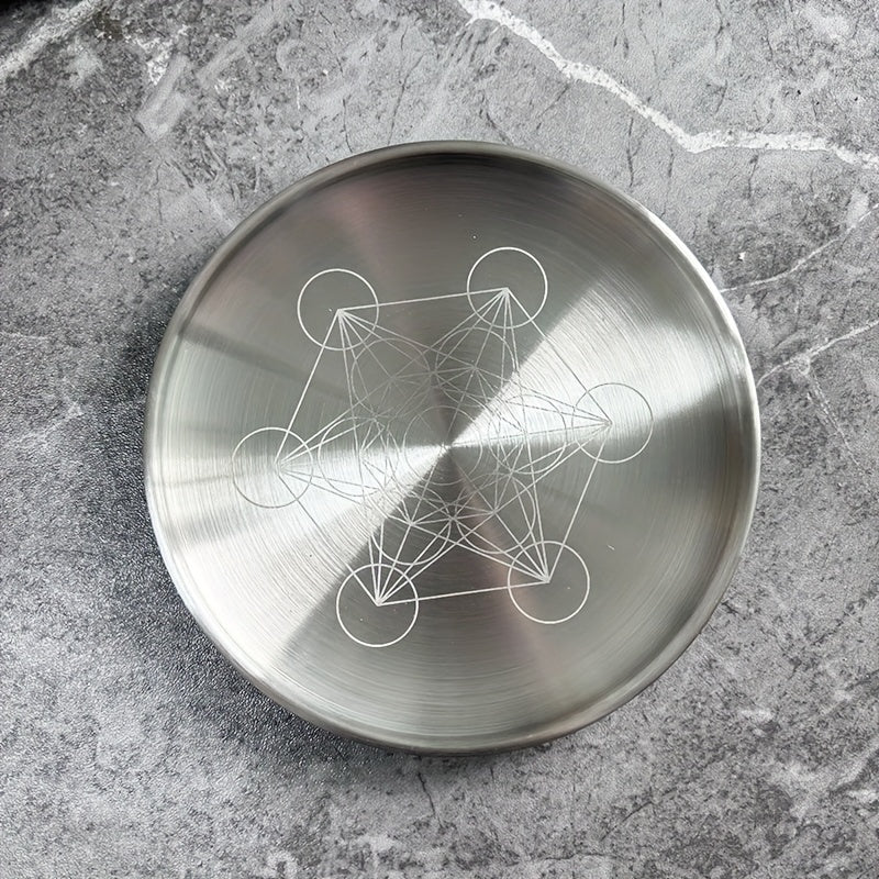1pc, 5.51-inch Silver Altar Plate with March Pentagram, Stainless Steel Metal Dish, Candle Holder, Ceremony Meditation Decor, Home Living Room Office Decor, Christmas Independence Day Graduation School Season Decor, Vintage Geometric Religious Theme