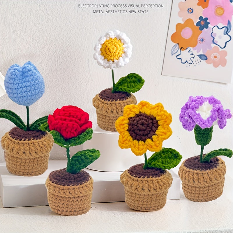 Handmade Crochet Polyester Sunflower Rose Tulip Puff Carnation Miniature Bonsai Car Parts for Living Room Tabletop Decor, No Electricity Needed, Perfect for Christmas, Thanksgiving, Valentine's, Mother'S Day, Graduation Gifts