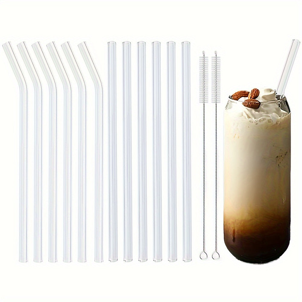[Glass Straws | Reusable] 12pcs Reusable Glass Straws | 200*8 Glass Straws with 2 Cleaning Brushes | for Drinks Milk Tea Suitable for Home Parties and Outings
