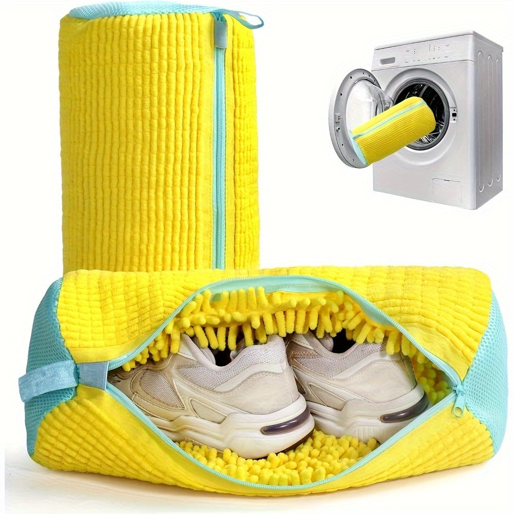[Soft Laundry Bag] Soft Chenille Laundry Bag | Yellow Shoe Washing Machine Bag for Washer & Dryer with Noise Reduction, Oval Zipper Design, Rich Fluff Lining, Durable Polyester for Sneakers & Most Footwear