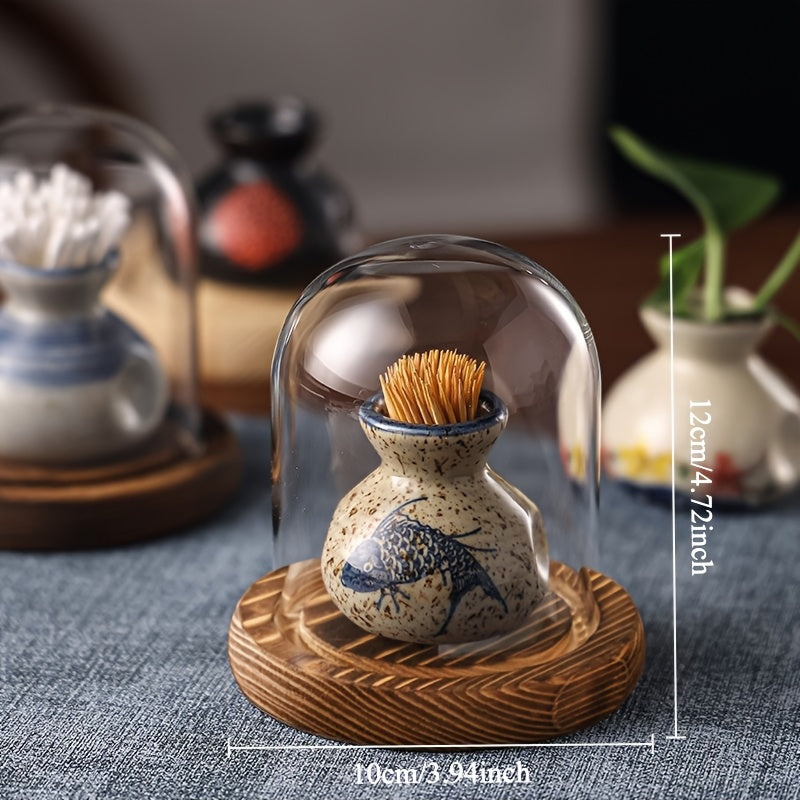 Retro Ceramic Toothpick Box with Glass Dome Cover & Wooden Base - Blue & White Fish Design, Golden Accents - Elegant Home Office Decor, Holiday Gift, Tabletop Decor, Classic Decor, Premium Materials, Decorative Storage, Vintage Lovers