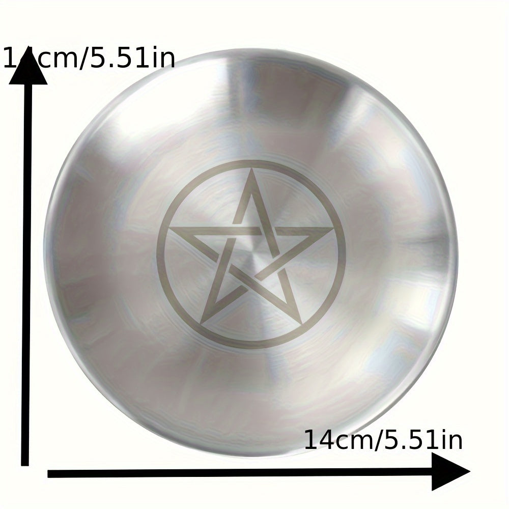 1pc, 5.51-inch Silver Altar Plate with March Pentagram, Stainless Steel Metal Dish, Candle Holder, Ceremony Meditation Decor, Home Living Room Office Decor, Christmas Independence Day Graduation School Season Decor, Vintage Geometric Religious Theme