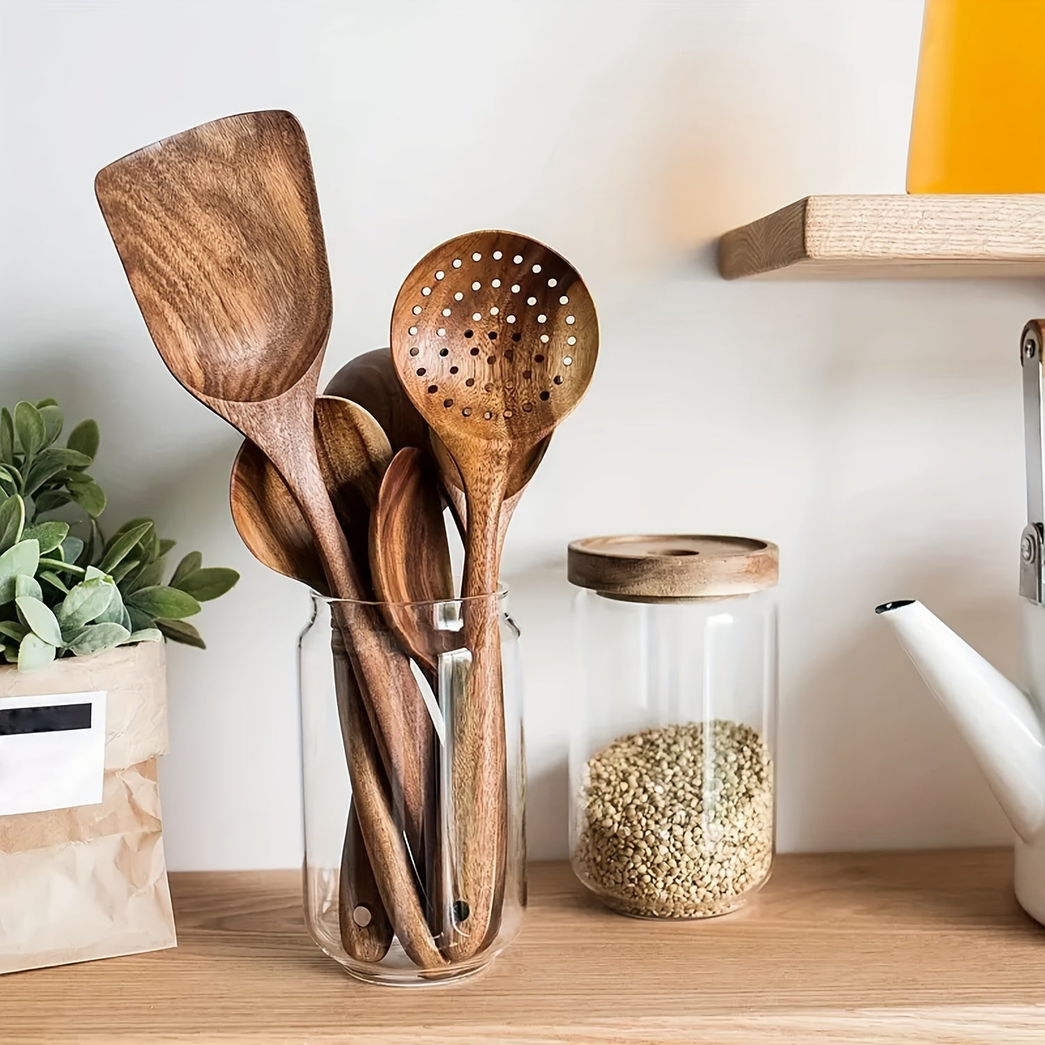 AIUHI 5pcs Wooden Kitchen Utensils Set, Wooden Spoons Natural Spurtle Set for Non-stick Pan Kitchen Tool Ladle and Wok Spatulas