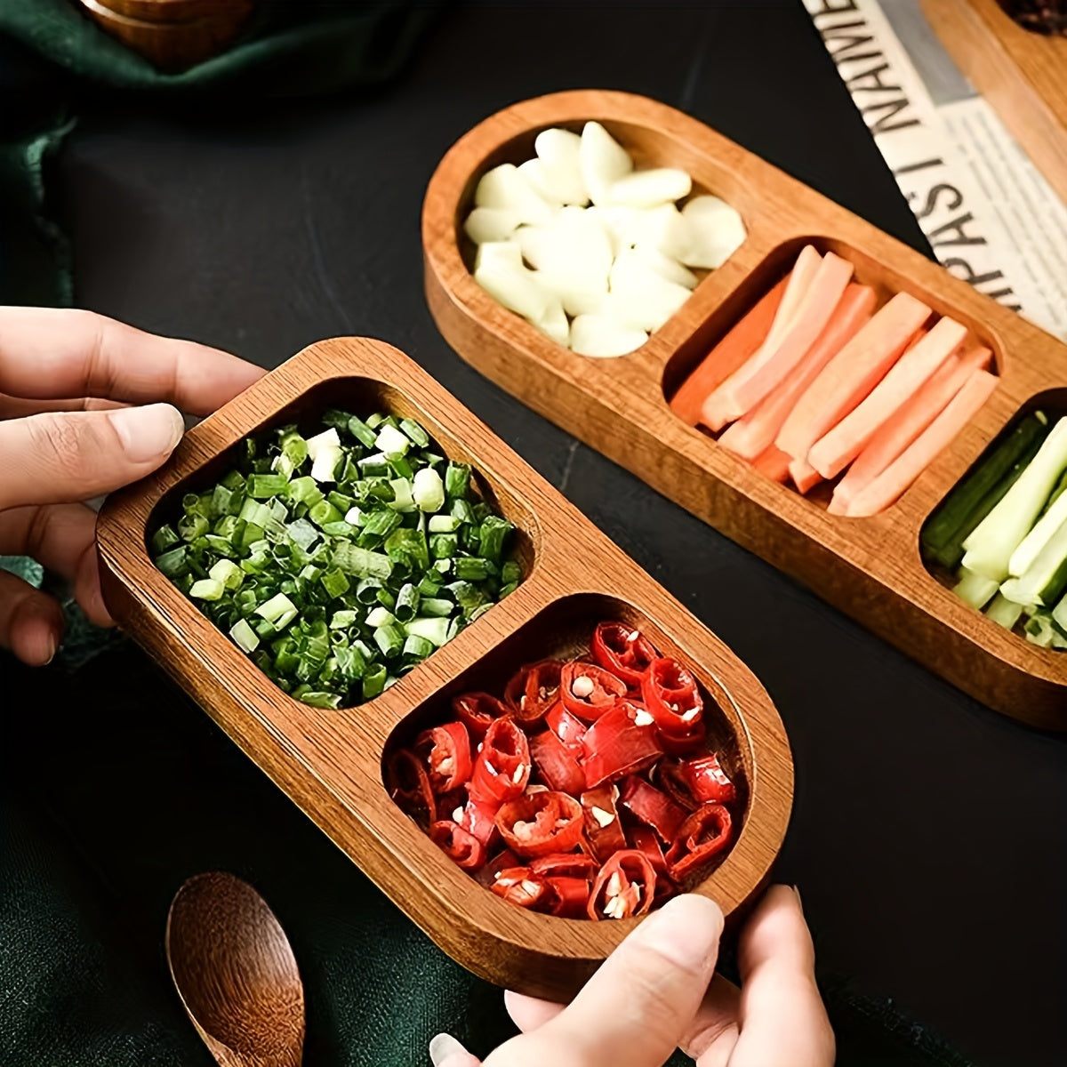 1pc Solid Wood Spice Organizer Dish with 6 Compartments