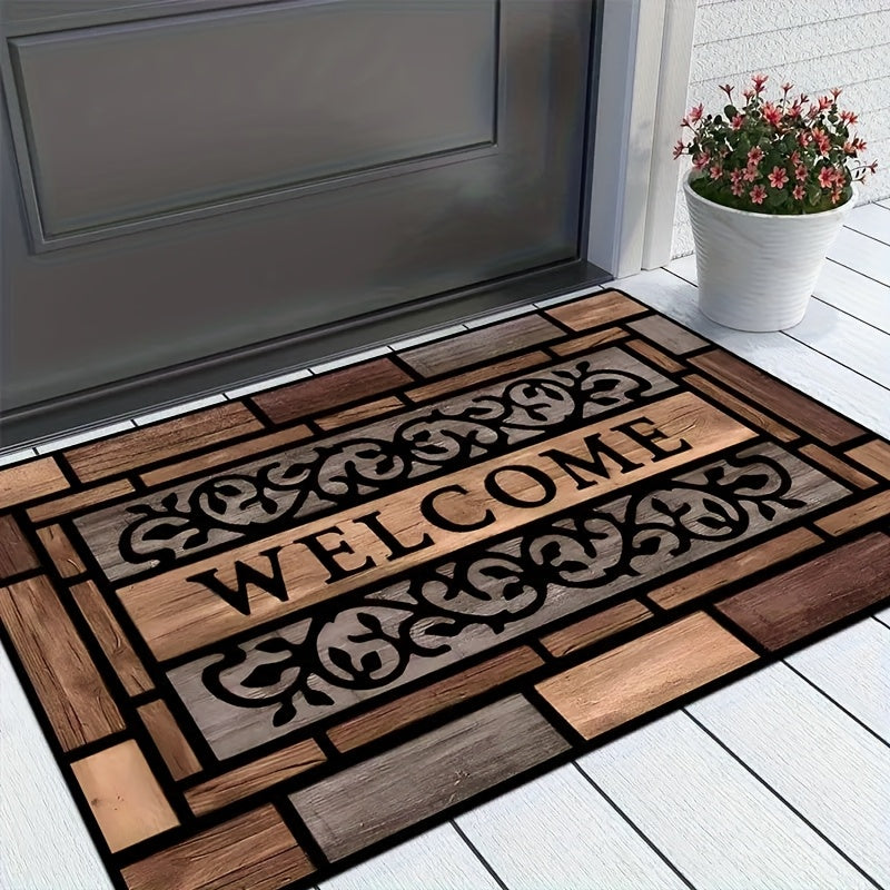 1pc Rustic Welcome Doormat - Durable, Anti-Slip Polyester with PVC Backing, Stylish Brown Pattern for Home Entrance & Decor, Welcome Mat for Front Door