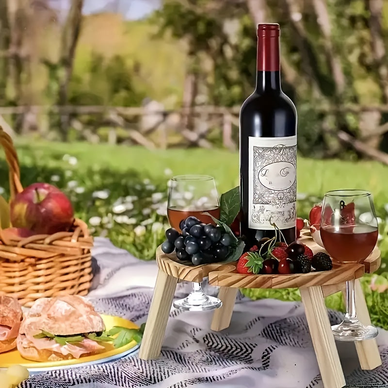 1pc Handmade Wooden Folding Picnic Table with Wine Rack