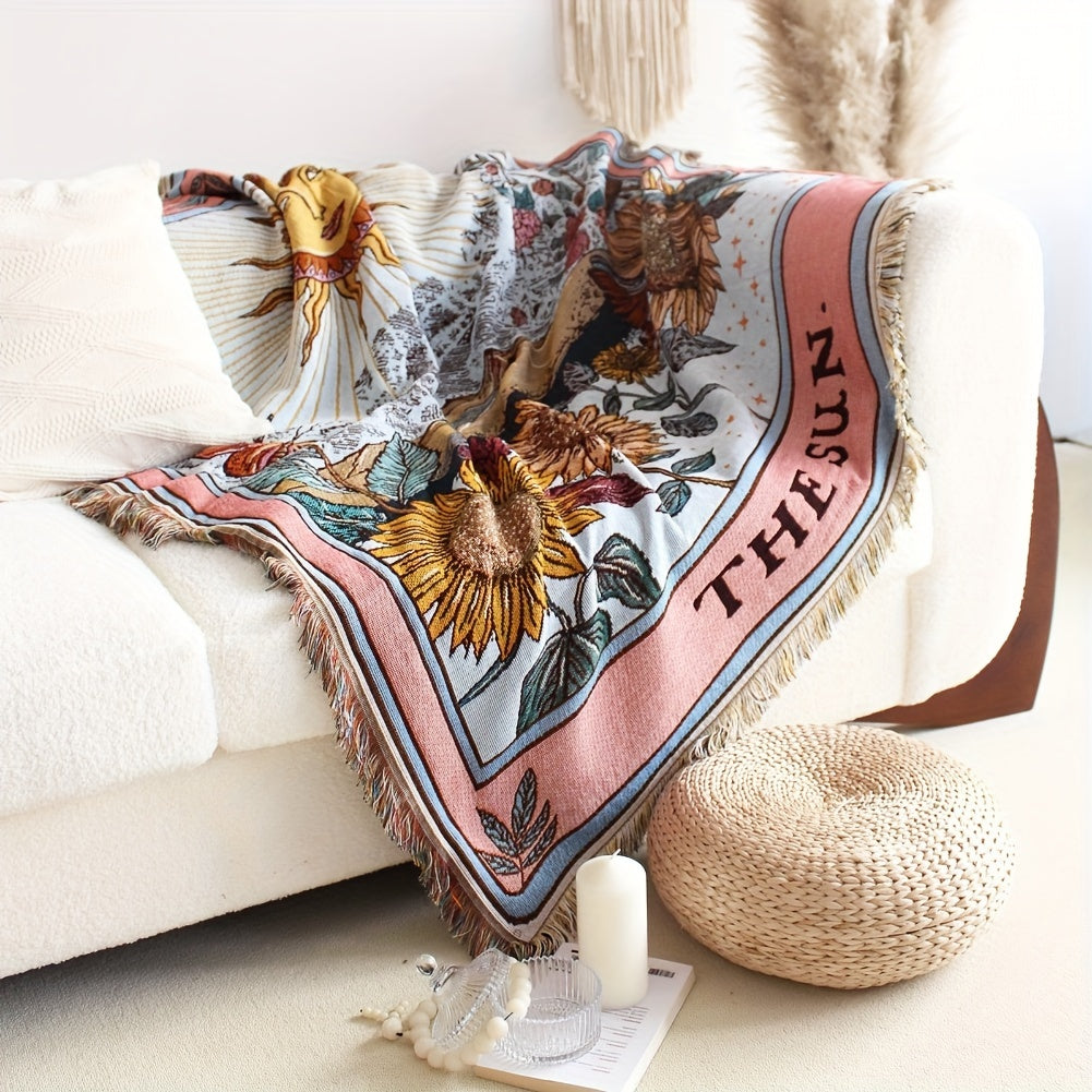 Bohemian Sun Tarot Card Design Throw Blanket - Soft, Lightweight, Washable Knit with Tassels, Perfect for Bed, Sofa, Yoga, Camping & Picnics, Indoor & Outdoor Use, Picnic Blanket | Bohemian Style | Fringed Detailing, Bohemian Decor