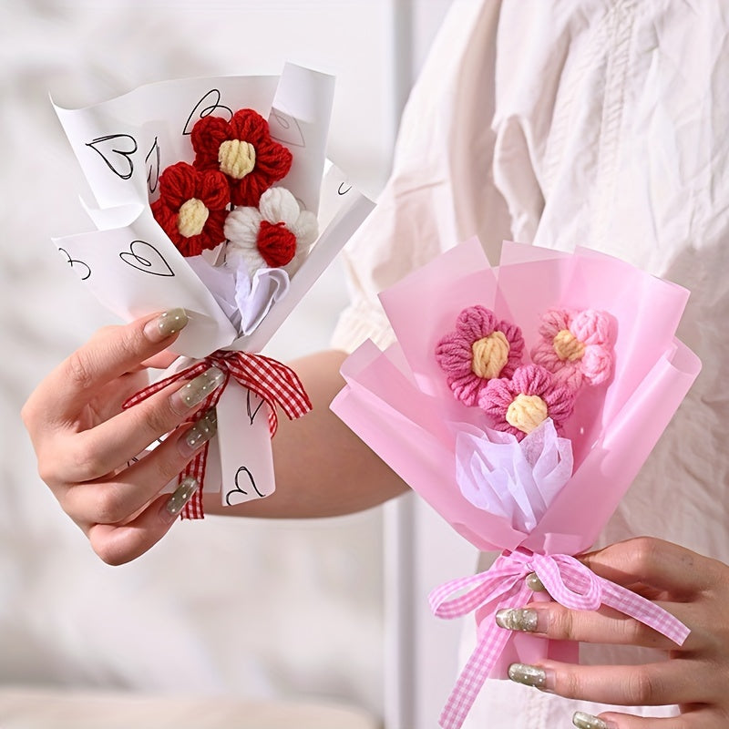 [Artificial Flower Bouquet] 1pc Artificial Mini Knitted Puff Flower Bouquet, Creative Fabric Home Decor Accent - No Electricity or Battery Needed, Ideal for Valentine's Day, Mother's Day, Christmas, Graduation