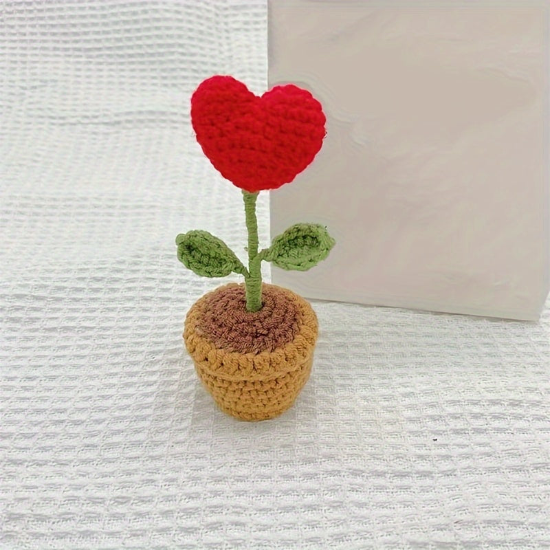 1pc Handcrafted Crochet Heart-Shaped Potted Plant, Fabric Artificial Peony Decoration, No Electricity Needed, Valentine's Day Home Decor Accent