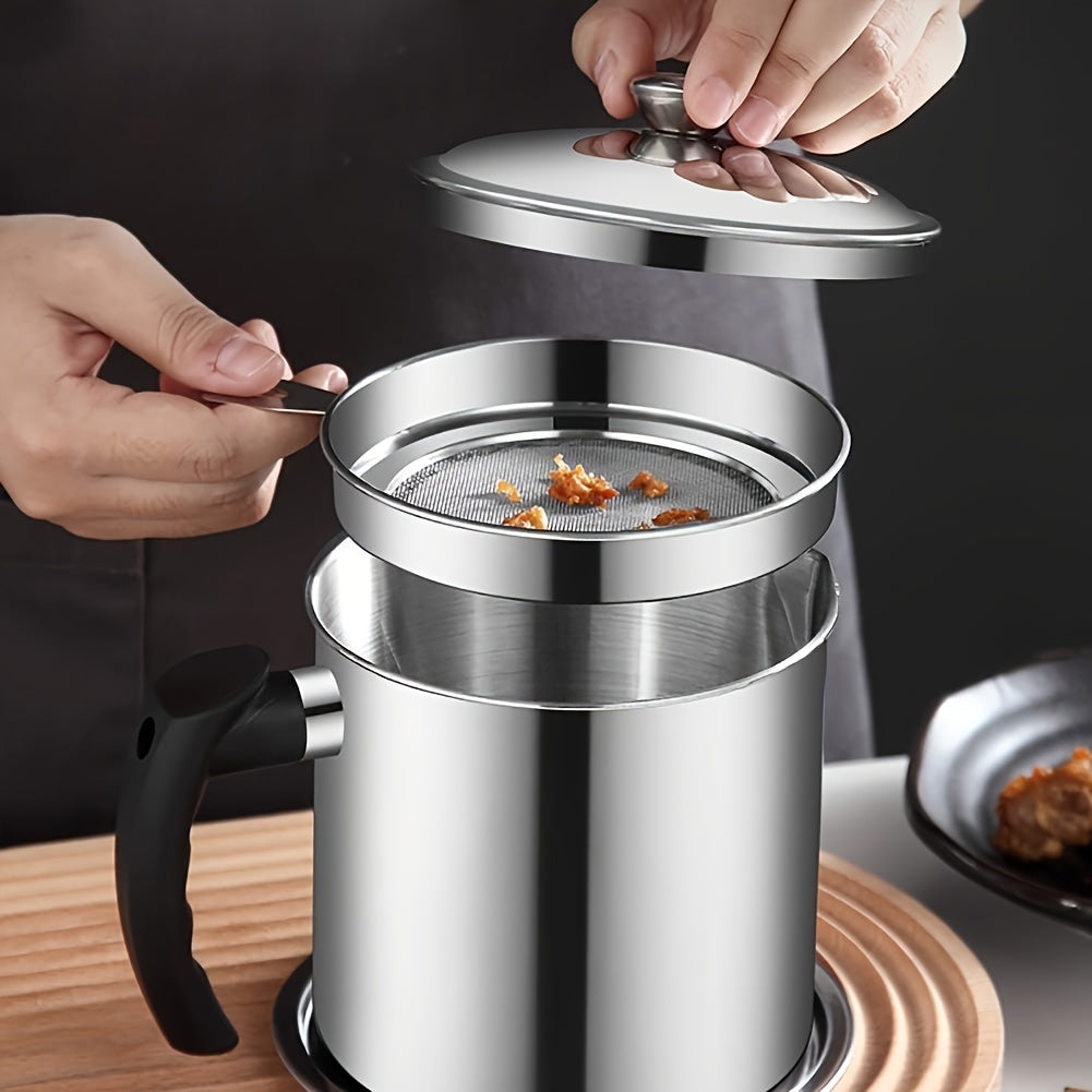 Easy-Pour Stainless Steel Grease Container with Strainer - Ideal Kitchen Accessory for Cooking Oil & Grease Storage