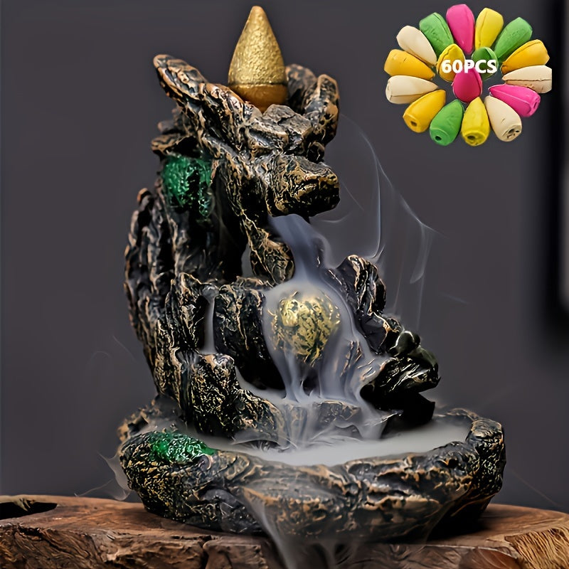 60 Mixed Scent Cones Resin Backflow Incense Burner Waterfall, Indoor Smoke Cascade Censer for Meditation and Relaxation, Home, Office, and Work Use