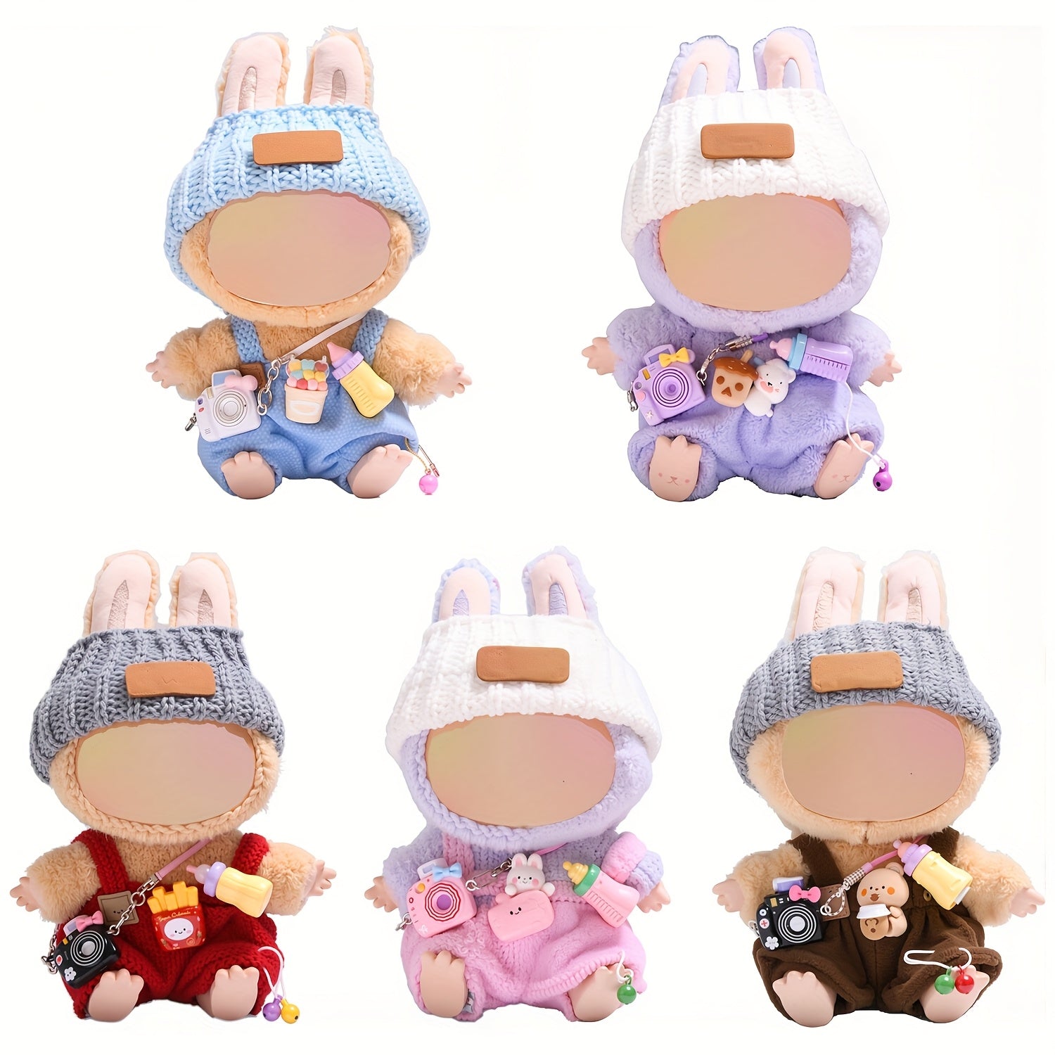 [Cute Crochet Outfit] 3pcs Crochet Outfit for Labubu | Doll Clothes Set with Hat, Overalls & Mini Camera Bag, Cute Handmade Accessories - Doll Not Included