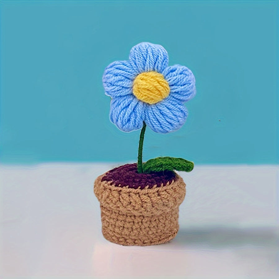 Handmade Crochet Polyester Sunflower Rose Tulip Puff Carnation Miniature Bonsai Car Parts for Living Room Tabletop Decor, No Electricity Needed, Perfect for Christmas, Thanksgiving, Valentine's, Mother'S Day, Graduation Gifts