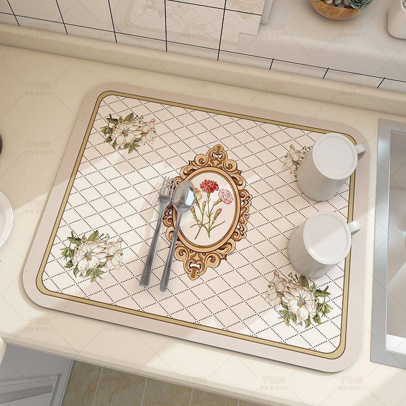 1pc Diatom Mud Fabric Dish Drying Mat, Fantasy Style, Washable, Heat Insulation, Tabletop Protection, Home Kitchen Table Decor, Tableware Accessories