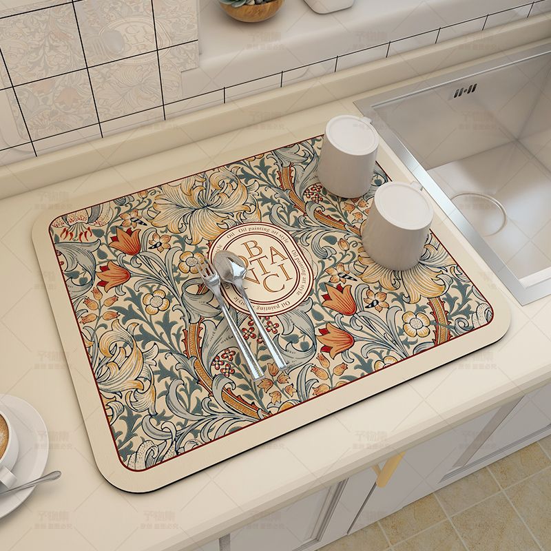 1pc Diatom Mud Fabric Dish Drying Mat, Fantasy Style, Washable, Heat Insulation, Tabletop Protection, Home Kitchen Table Decor, Tableware Accessories